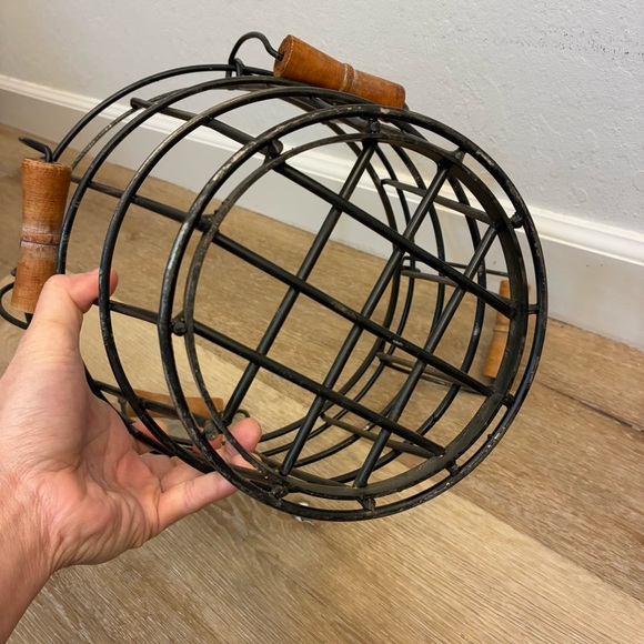 Black Iron Wire Log/Storage Basket w/ 4 Wooden Handles Farmhouse Rustic - Picture 10 of 14